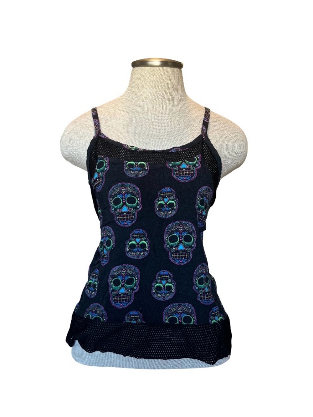 Hot Topic Black Skull Print Sheer Mesh Trim Cami Small